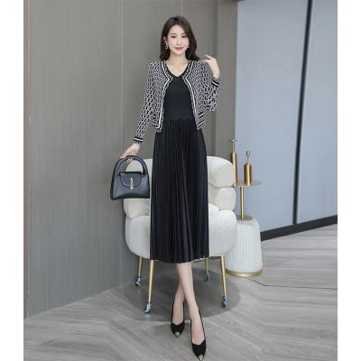 China Viable 2023 New Products Burst Miyake Pleated Dress Temperament V-Neck Fake 2 Piece Waist Slimming Women's Dresses for sale