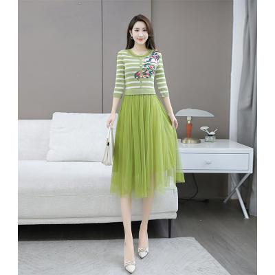 China 2023 viable fast delivery and best quality action summer fashion crewneck striped patchwork gauze skirt ribbed Midi dress for sale