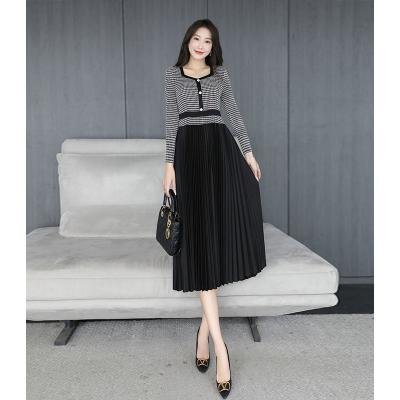 China Wholesale High Quality Viable Size Long Sleeve Slim Looser Clothing O Neck Small Plaid Patchwork Pleated Skirt Dress Dresses for sale