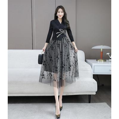 China 2023 new factory viable Miyake fashion costume collar gauze printing skirt wholesale draw in waist slimming casual outfits for sale