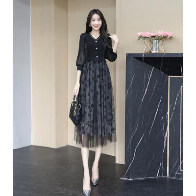 China Factory direct sales viable popular formal dress elegant v-neck lantern sleeve printed long sleeve women's mesh pleated dress dress for sale