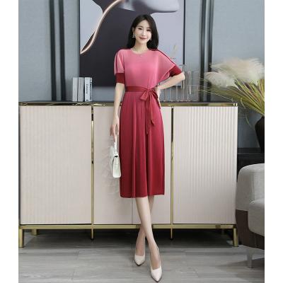 China Factory new style viable foreign wholesale lantern sleeve belt gradual color pleated skirt summer large size women dress for sale