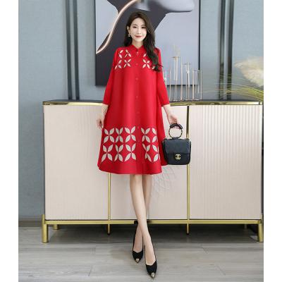 China Viable Miyake Pleated New Hot Cardigan Single Breasted Lapel Print Pleats Midlength Dress Plus Size Women's Dresses for sale