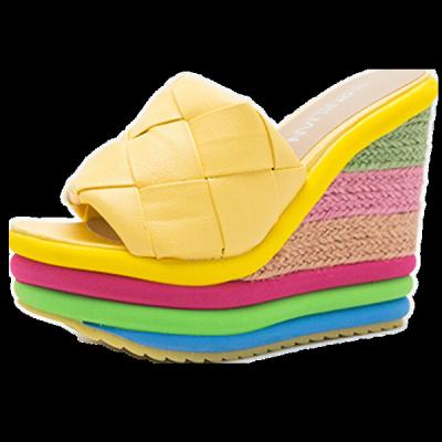 China Wholesale High Quality Fashion Trend Sandals Summer Style Heeled Rainbow New Pumps Custom Logo Wedges Women Casual Shoes Leather Slippers for sale