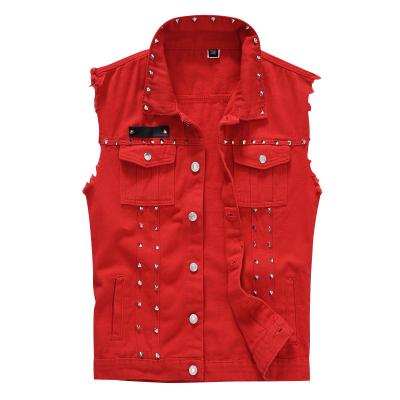 China Stylish Breathable High Street Anti-Wrinkle Rivet Red Fiery Plus Size Stretching Men's Waistcoat Denim Vest Jacket For OEM ODM Wholesale for sale