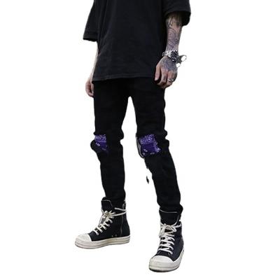 China SKYKINGDOM 2021 new arrival men's QUICK DRY jeans patch knee ripped denim black plus size pant jeans for sale