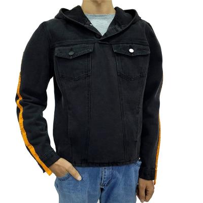 China SKYKINGDOM stripe denim jacket custom made black pockets viable casual wear yellow denim jacket with hoodie for man for sale