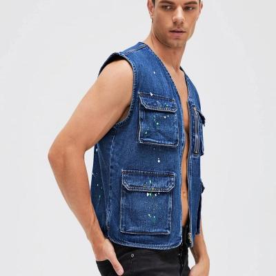 China custom men denim vest multi pockets vest Anti-wrinkle SKYKINGDOM lattice sleeveless blue jeans vest for sale