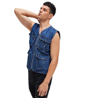 China Blue Jeans Service Vest Pockets Anti-Wrinkle SKYKINGDOM Men's Denim Vest Four Lattice Jacket Sleeveless Vest for sale