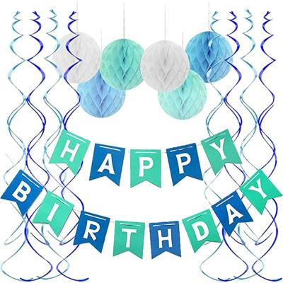 China Festival Decoration Factory Price Happy Birthday Banner Blue Honeycomb Balls Swirls Flames For Birthday Party Decorations for sale