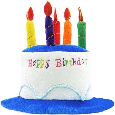 China Blue Festival Decoration Novelty Place Plush Happy Birthday Cake Hat For Birthday Party Indoor Decoration for sale