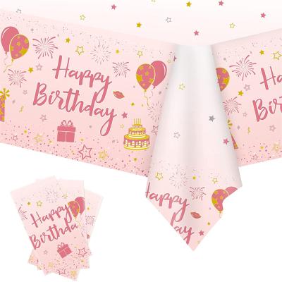 China Festival Decoration 3pcs Happy Birthday Pink Tablecloth Large Size Plastic Table Cover For Birthday Party Decorations for sale