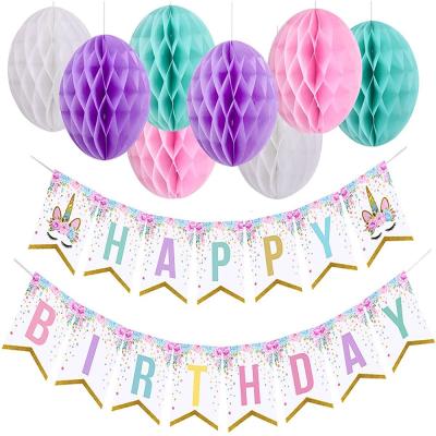 China Unicorn Happy Birthday Banner Party Decoration with Pom Pom Balls for Unicorn Themed Party Girls Birthday Party Decorations for sale