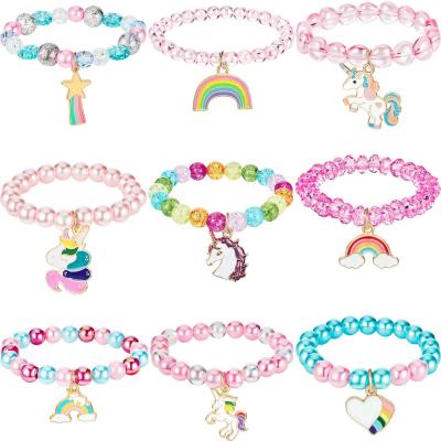 China Party Decoration 9 Pieces Colorful Unicorn Rainbow Bracelet Unicorn Beaded Bracelet for Happy Birthday Party Decoration for sale