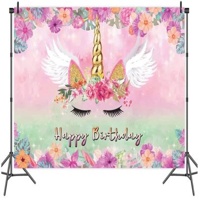 China Party Decoration Unicorn Backdrop Pink Floral Unicorn Photography Photo Booth Theme for Birthday Party Decoration for sale