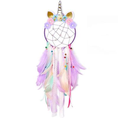 China Hot Sale Party Decoration Unicorn Dream Catcher Indian Feather Creative Lace Up Decorative for Home Wall Decoration for sale