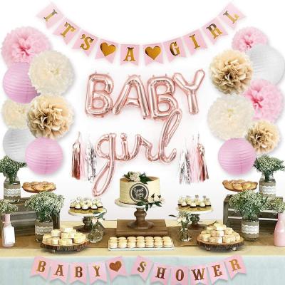 China Festival Decoration Pink Baby Shower Banner Pompoms Flowers Honeycomb Ball Balloons for Baby Shower Decorations for sale