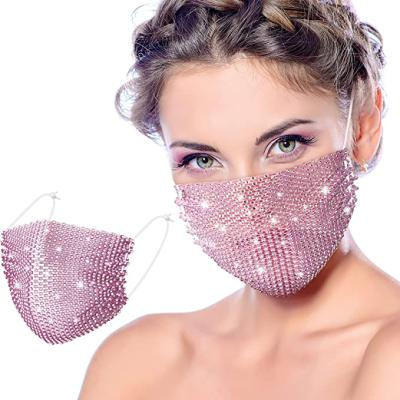 China Various Dances Wholesale Pink Bling Rhinestone Face Covering Chain Crystal Metal Masquerade Face Coverings Ball Party For Women And Girls for sale