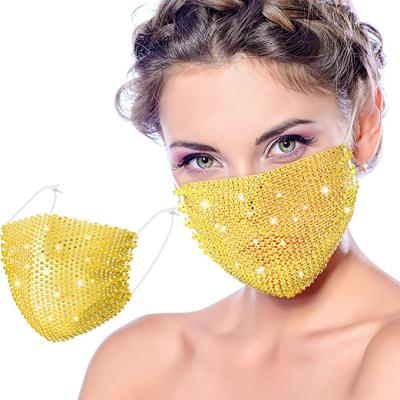 China Various Dances Wholesale Rhinestone Glitter Mesh Mask See Through Breathable Glitter Halloween Yellow Masks For Women And Girls for sale