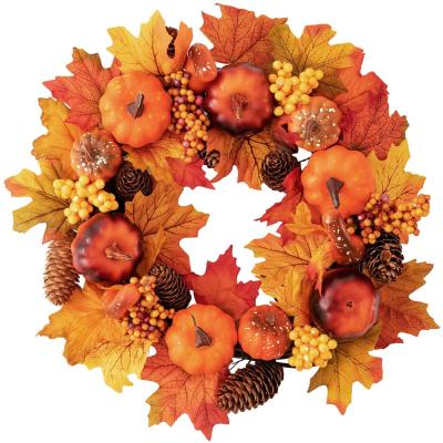 China Festival Decoration 15 Inch Autumn Maple Leaf Pumpkin Pinecone Harvest Door Garland For Front Door Thanksgiving Halloween Decorations for sale