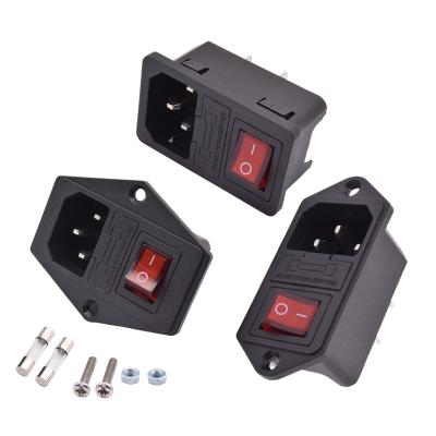 China Industrial 10A 250V AC  IEC 320 C13 C14 Fuse Bracket Power Cord Cable Adapter Inlet Male Plug Socket Connector with Red Rocker Switch for sale