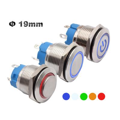 China Latching/Momentary Waterproof Panel Mount 19mm Flat Round 4 pin 12V 24V Switch Self Lock Momentary Metal Push Button Switch  High Head Power LED for sale