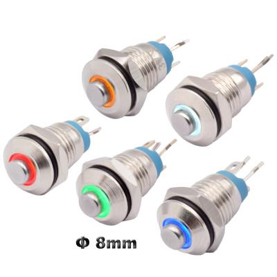 China Momentary 8mm Brass High Ring 3V 12V DC 220V AC Momentary Metal Push Button Switch ON OFF Light Red Green Blue LED Illuminated Pushbutton for sale