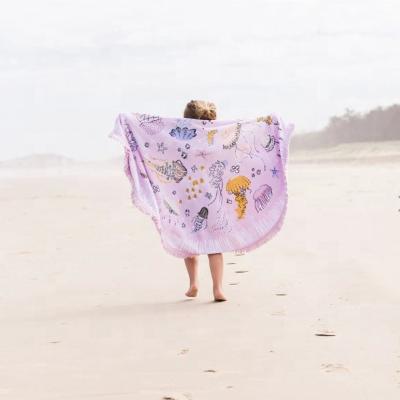 China Wholesale Universal QUICK DRY Cartoon Printed Poncho Custom Luxury 100% Cotton Kids Round Beach Towel For Bath Beach Swimming for sale