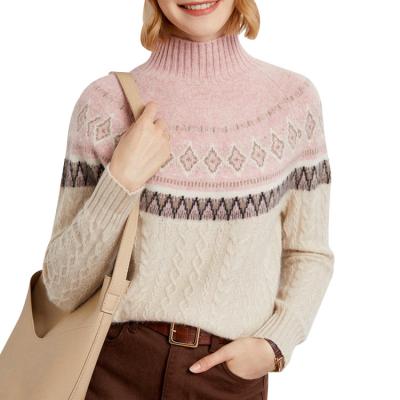 China Anti-wrinkle Thickened half turtleneck cashmere sweater women's vintage patchwork ethnic style autumn/winter loose striped knit base sweater for sale