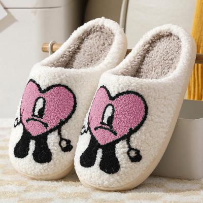 China Cute Fuzzy Happy Slides Warm Furry Winter Smiley Face Bad Bunny Ladies Smile Bedroom Slippers Wholesale Fashion Trend Home Indoor Bedroom for sale