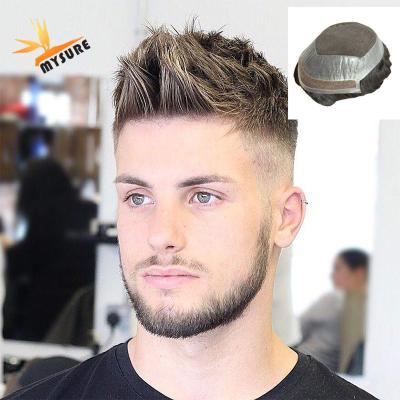 China Lace With PU Hair For Men Hairpiece With Glue Gray Afro Hairpiece Permanent Hairpiece for sale