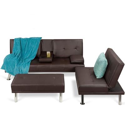 China (Other)Adjustable Home Furniture Metal Frame Sectional Leather Futon Recliner Corner Sofa Cum Bed Transformer for sale