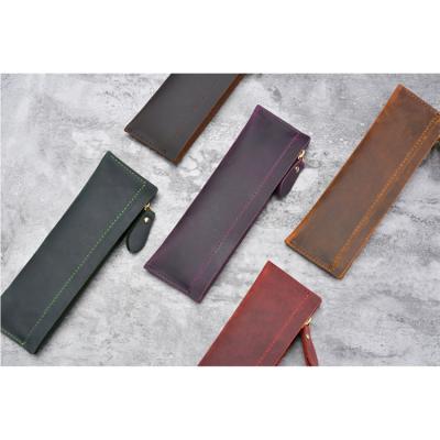 China Schools & Offices Vintage Cowhide Leather Pen Pencil Case Bag Holder School Students OEM for sale