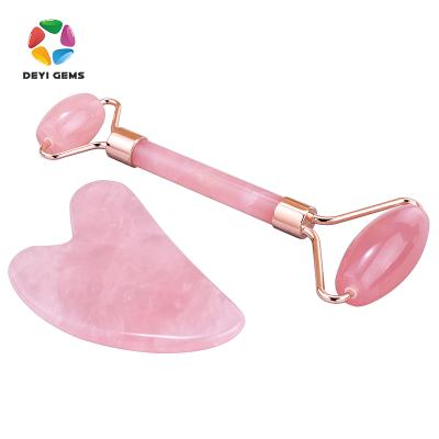 China Wholesale Whitening Rose Quartz Facial Roller Massage Jade Roller Gua Sha Set for sale