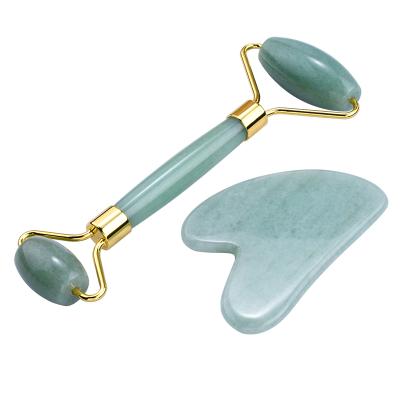 China Whitening Facial Massager Wholesale Green Jade Roller Gua Sha Aventurine Roller Set for sale