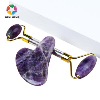 China Whitening Natural Wholesale Amethyst Facial Roller Kits Massage Jade Roller Gua Sha Set Purple For Skin Care for sale