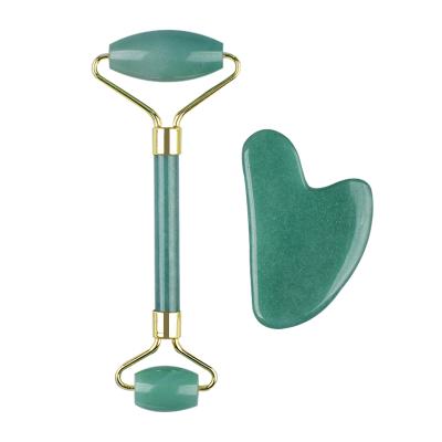 China Whitening High Quality Wholesale Green Facial Massager Jade Roller Gua Sha Amazon Aventurine Roller Set for sale