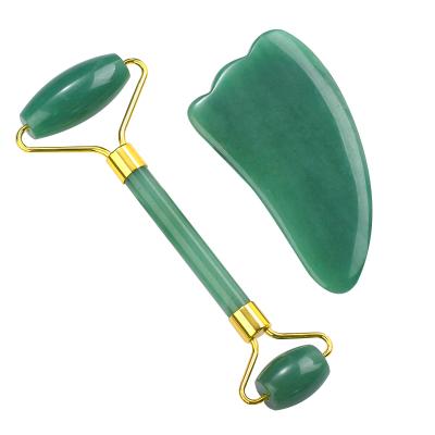 China Whitening Jade Roller Silent Anti Aging and Gua Sha Set 100% Natural Green Aventurine Jade Face Roller Massager for sale