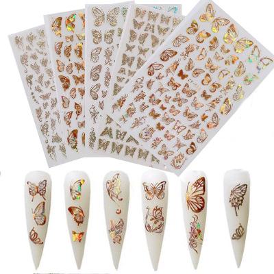 China Easy Apply Holographic Nail Art Laser Butterfly Silver Stickers Gold Adhesive Decals Sticker for sale