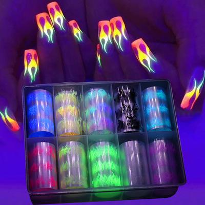 China Nail Art DIY 2021 New Fluorescent Flame Nail Transfer Foil Sticker Nail Diy Decoration for sale