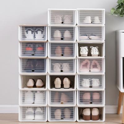 China Transparent Flip Open Drop Front Stackable Viable Home Storage Use Shoe Box for sale