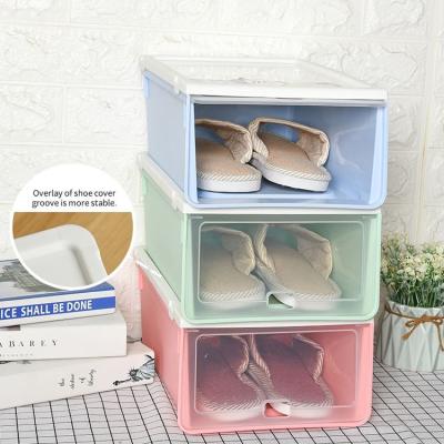 China Viable Transparent Storage Clear Blue Foldable Colorful PP Plastic Front Drop Shoe Box for sale