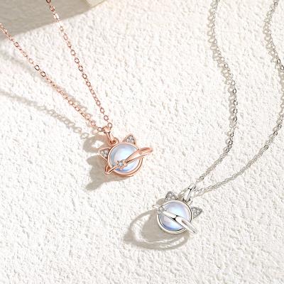 China TRENDY Cute cat necklace sterling silver cartoon animal set zircon gemstone pendant 925 silver collarbone necklace for sale