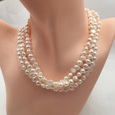 China FRESHWATER PEARL and 3 lines choker NECKLACE, real gold plating BOHEMIA nature brass clasp 13 inches for sale