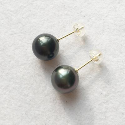 China BOHEMIA AA+ Good Quality 9-10mm Nature Tahitian Sea Salt Pearl Earring,Au750 18k Gold Stud Earrings For Wedding,Perfect Round Pearl for sale