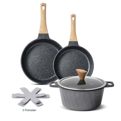 China Sustainable Cookware Sets Include Non Fry Sauce Pan Casserole Saucepan Pot and Stick Pressed Aluminum Pans Set for sale