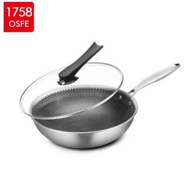 China Factory Direct Sale Kitchen Viable 304 Stainless Steel Wok, No Smoke Honeycomb Non Stick Coating Three Layer Non Stick Steel Wok for sale