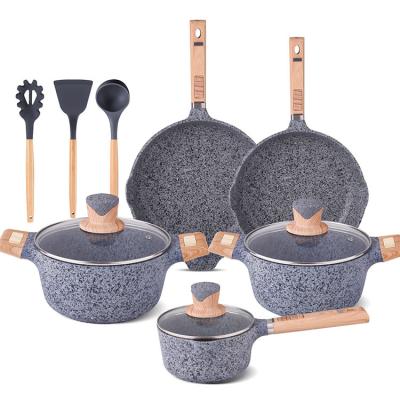 China Hot Stocked Products Die Casting Granite Stone Nonstick Cookware Kitchenware Set With Glass Lid for sale