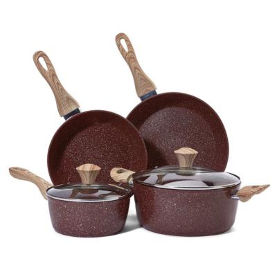 China Non-stick Aluminum Coating Set Frying Pan And Aluminum Cookware Sustainable Non-Stick Handle 6pcs Wood Coating Kitchen Set for sale