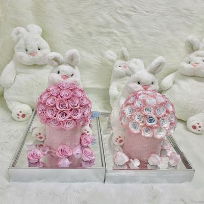 China Preserved Durable Popular Cute Cute Big White Rabbit Hugging Bucket Price Preserved Rose Flower In Gift Box for sale